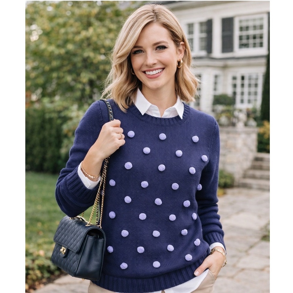 Talbots Petites Navy Knit Sweater with 3D Pom Dot Texture | Preppy Classic Small